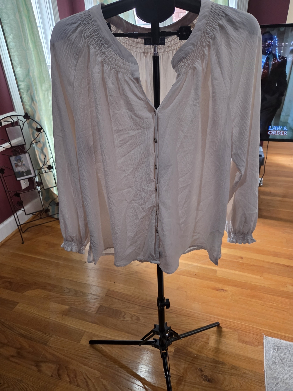 Light Gray Women's Button-Front Peasant Top